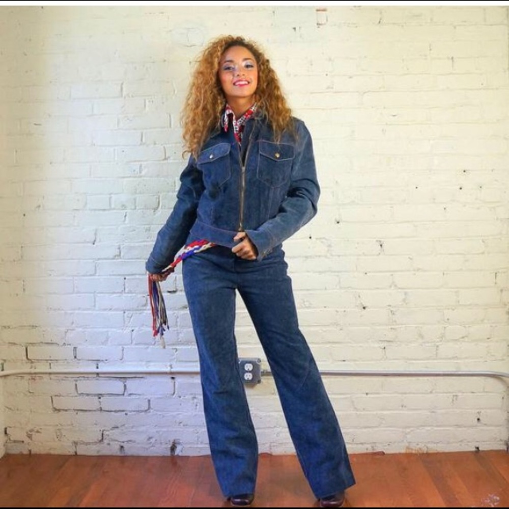 Vintage 1970s Blue Suede Motorcycle Gear Pantsuit